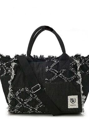 Wildfox patchwork denim tote frayed fringe detail black bag NWT NIP + free gift